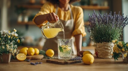 Young woman preparing lavender lemonade by pouring fresh lemon juice in a kitchen setting