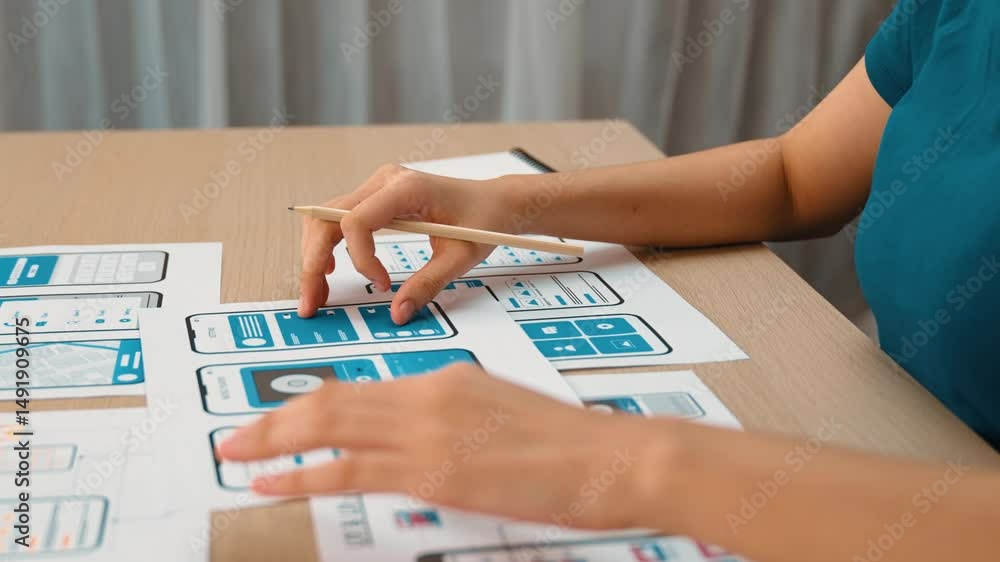 Poster startup company employee planning for user interface prototype for mobile application or website in 