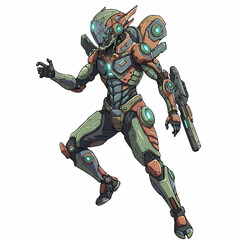 Fototapeta premium Detailed mech warrior, intricate armor, lights, gray helmet, arm reaching out, complex design