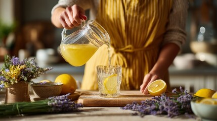 Young woman preparing lavender lemonade by pouring fresh lemon juice into a glass in kitchen