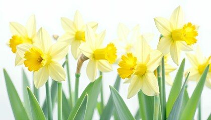 Obraz premium Cheerful display of Daffodils with luminous yellow petals against a bright, airy background.