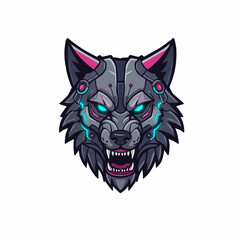 Robotic wolf face with glowing blue eyes and pink accents