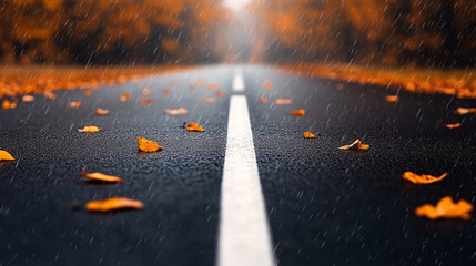 Autumn asphalt road covered with yellow leaves in a quiet road