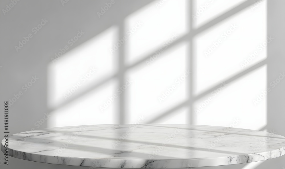 Aufkleber marble table with window shadow drop on white wall background for mockup product display