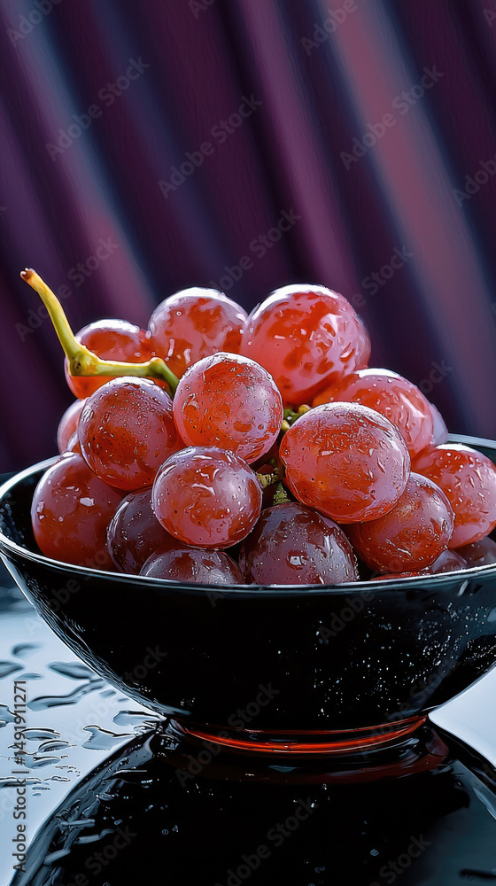 Poster fresh red grape cluster in black bowl with water droplets, elegant and vibrant still life on reflect