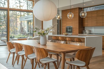 Open-concept dining room with modern mid-century chairs, large white pendant light, natural wood cabinets, fresh flowers vase, and bright airy atmosphere