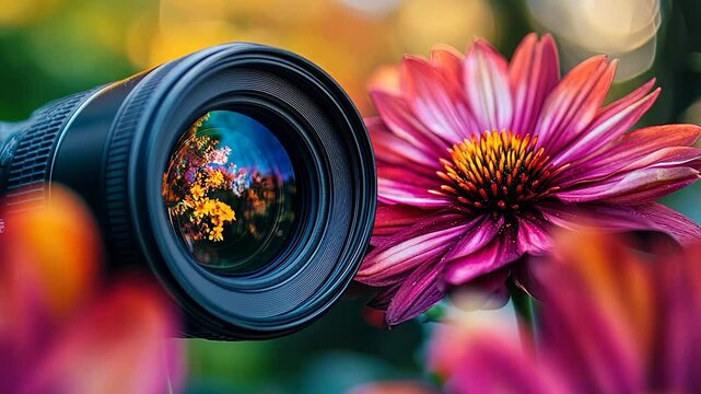 Professional photography equipment that reflects intricate glass elements and objective focus on delicate flowers for stunning macro photography.