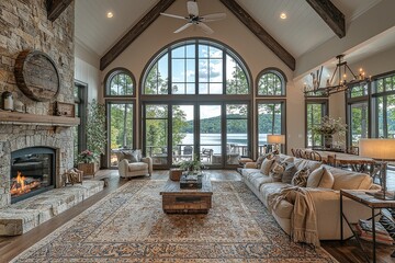 Obraz premium Elegant lakehouse interior with arched windows, stone accents, fireplace, comfortable sofa, large table with chairs, ceiling fan, and natural light overlooking water view