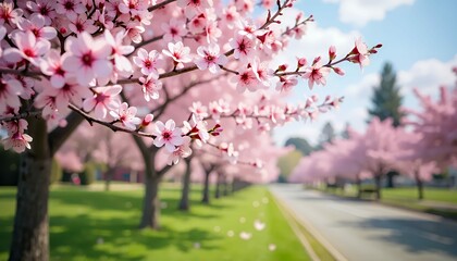 Fototapeta premium A scenic view along a street lined with blooming cherry blossom trees on a sunny spring day.
