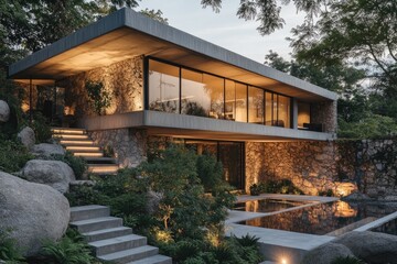 Modern, low-slung concrete and stone house illuminated at dusk, featuring large glass windows, a reflecting pool, and terraced landscaping with boulders