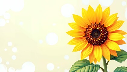Obraz premium Radiant sunflower with green leaves blooms, presented against a soft, glowing background design.
