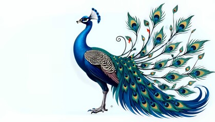 Obraz premium Majestic peacock struts across a plain backdrop, its blue plumage shimmering in the soft light.