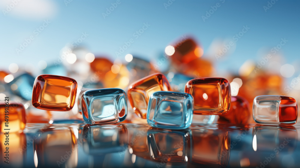Poster colorful abstract structures float in a three-dimensional space with vibrant orange and blue hues il