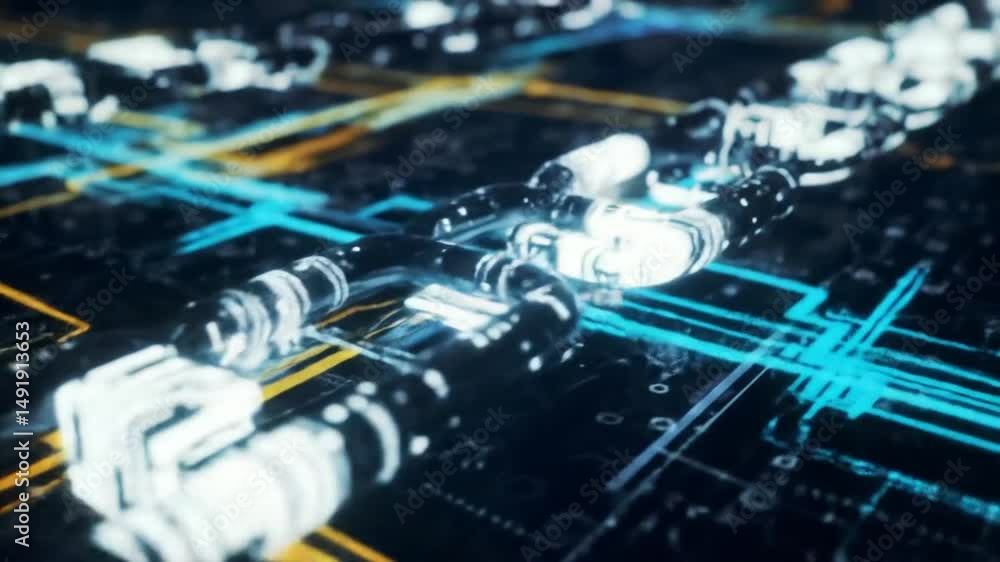 Aufkleber interconnected metallic chain links on circuit board, blue data streams.