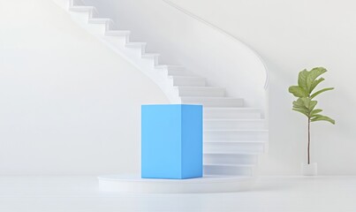 Minimalist Blue Cube on White Spiral Staircase with Green Plant
