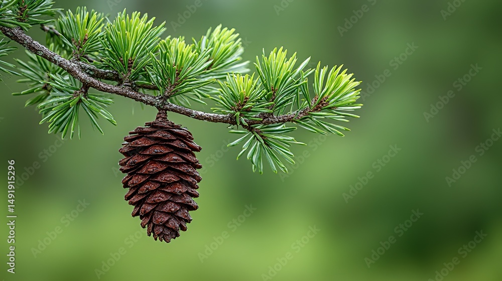 Poster close-up view of a pine cone hanging from a branch.