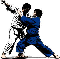 Judo Wrestling vector.Judoka Man Workout Athlete.O Goshi,hip throw.Black belt.Judoist in blue white kimono.Athletes having a match techniques.Taekwondo.Karate.Jujitsu.Sport.Martial arts.