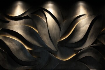 Dark, textured wall panels with sculpted waves.