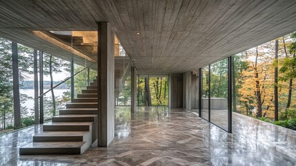 Modern concrete house interior with large windows overlooking a lake and forest