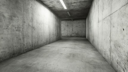 Empty, gray concrete tunnel.  A long, interior space with rough walls and floor