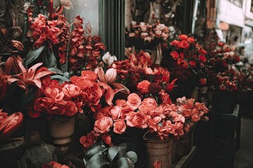 Vibrant display of coral-toned flowers in a shop