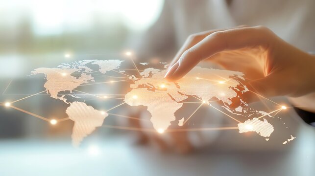 Hand touching digital world map interface.
