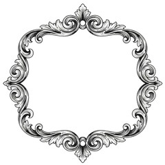 Ornate vintage frame with intricate floral scrollwork, elegant baroque style, decorative border in silver color, isolated on transparent background, perfect for invitations or certificates