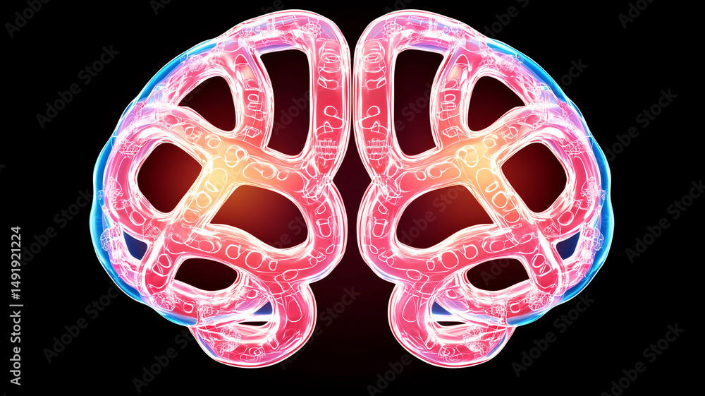 Poster vibrant double exposure effect showcases human brain with intricate patterns and glowing colors, sym