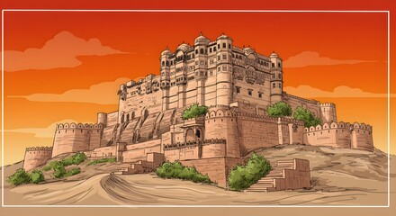 Fototapeta premium Majestic Hilltop Fortress at Sunset A Stunning Illustration