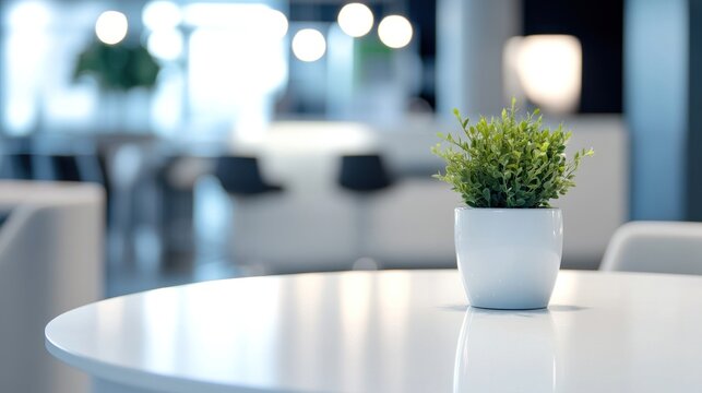 Small potted plant on a white table in a modern office.