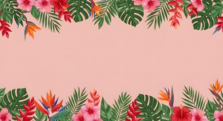 Vibrant Tropical Floral Border Design Pink Background with Hibiscus and Monstera Leaves