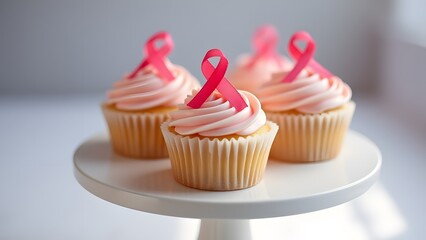 Pink Cupcakes with Pink Ribbons for Breast Cancer Awareness