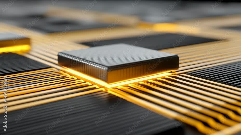 Aufkleber close-up of a modern microchip with glowing connections, representing advanced technology and innova