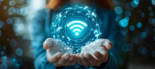 Hands holding virtual Wi-Fi wireless icon. Digital wireless business and payment transaction. Generative video AI technology. - Powered by Adobe