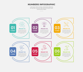 numbers or numerical infographic outline style with 6 point template with creative circle and square combination with round square badge for slide presentation