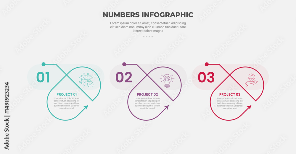 Poster numbers or numerical infographic outline style with 3 point template with creative round capsule ske