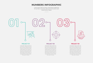 numbers or numerical infographic outline style with 3 point template with dot line pointer vertical direction for slide presentation
