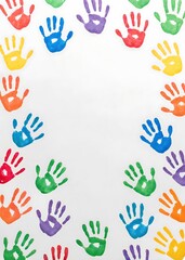 Colorful Children's Handprints Frame a White Background