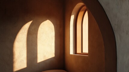 Fototapeta premium Warm sunlight streams through arched windows in a cozy corner