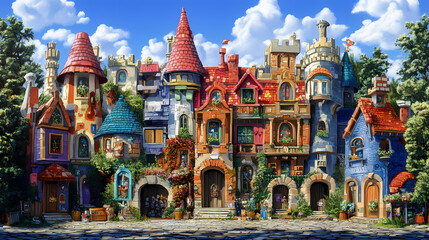 Obraz premium Fantasythemed toy store exterior with castlelike architecture, turrets, and vibrant murals, toy store, fantasy adventure. [Plastic Renaissance] | Acrylic Fresco | plastic mural. Illustration