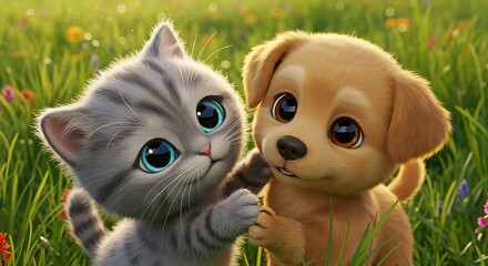 Fototapeta premium Cartoon cat and dog friends in field