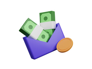 3D Open Envelope with money and floating coins icon isolated on transparent background. Salary, earning and savings concept. Sending, receiving, rewarding, financial gift, cash icon. 3d rendering