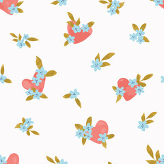 Small hearts adorned with pretty ditsy flowers and leaves in colors of red, blue and green on off white background. Valentine’s Day seamless vector pattern. Great for home decor, fabric, wallpaper,etc