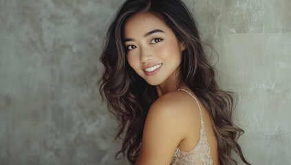 Naklejka premium Teenage girl with long, wavy hair and a confident smile in a studio portrait. Mature yet youthful charm, exuding elegance and seductive energy.
