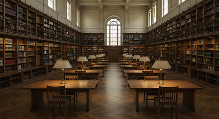 Grand Library Reading Room: Rows of Tables and Bookshelves