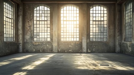 Sunlit interior of an abandoned industrial space