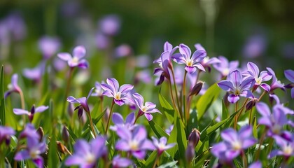 Delicate purple sweet violets blooming in a lush spring meadow, meadow, wildlife