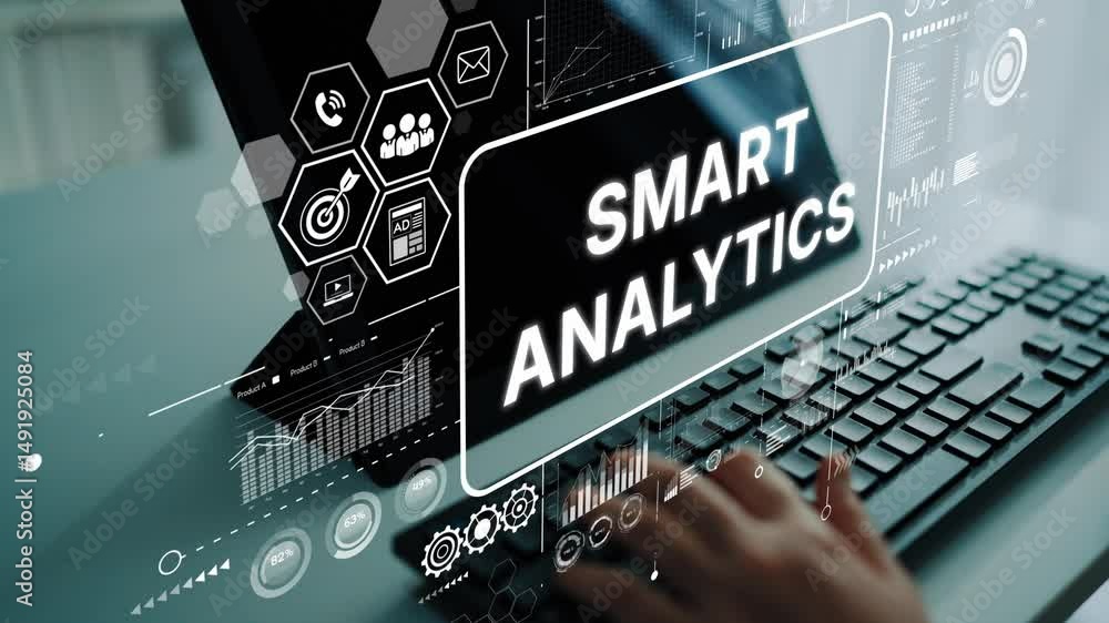 Poster Hands Engaged in Data Analysis with Futuristic Smart Analytics Display and Digital Interfaces for Modern Business Solutions. Asymptotic smart data analytic.