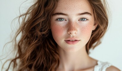 Obraz premium Teenage girl with long, wavy hair and a confident smile in a studio portrait. Mature yet youthful charm, exuding elegance and seductive energy.