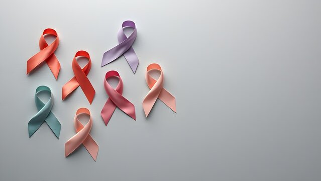 Colorful Awareness Ribbons on Light Background, Cancer Support Concept